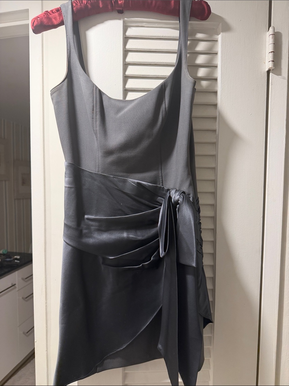 cinq a sept Gray Satin Mini Dress with Draped Side Tie